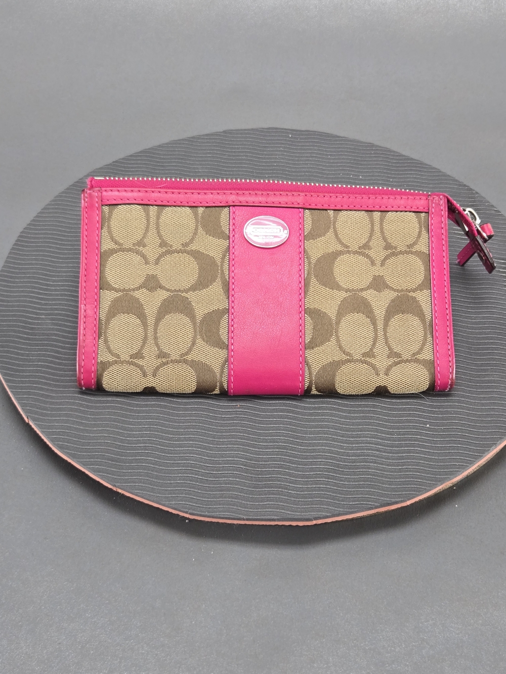 Coach Brown Signature Canvas Wristlet with Pink Leather Accents